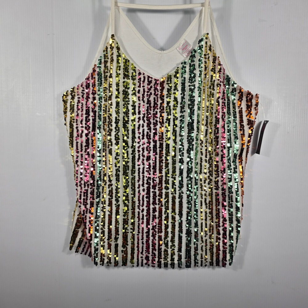 No Boundaries Rainbow Sequin Cami Tank Top V-Neck White Plus Size XXXL 3XG NEW - Picture 6 of 8